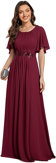 Women's Classic Round Neck Pleated Short Sleeves Evening Dresses